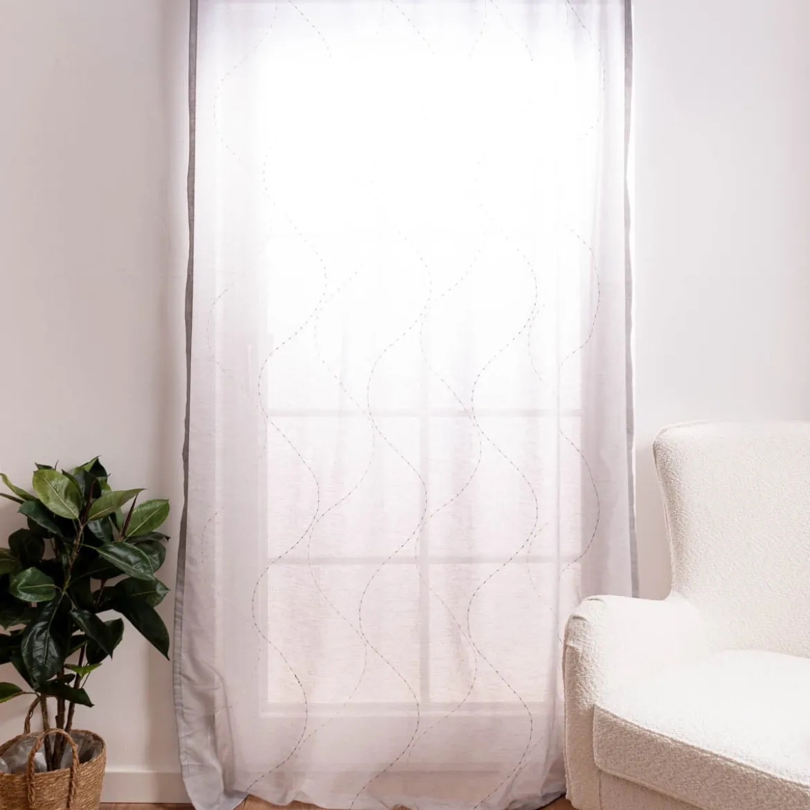 Fertigschal mit Schlaufenband Applikation Wellenlinien mit Leinenanteil grau creme 140x245cm