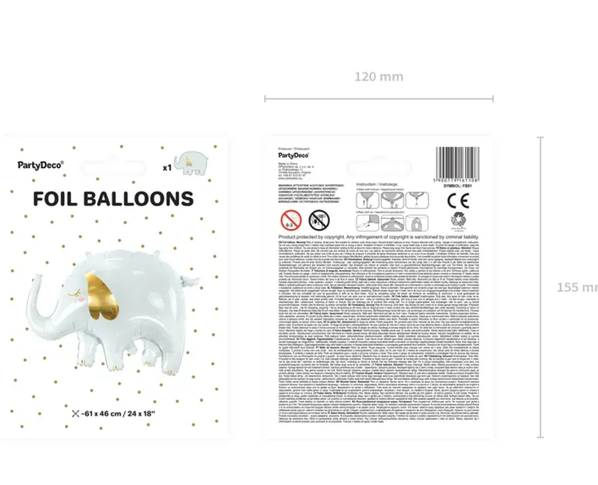 Folienluftballon Elefant weiß gold zum Aufblasen 83x58 cm