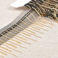 Fransenborte mit Strasskettchen und feiner Kugelkette schwarz gold 8cm Breite