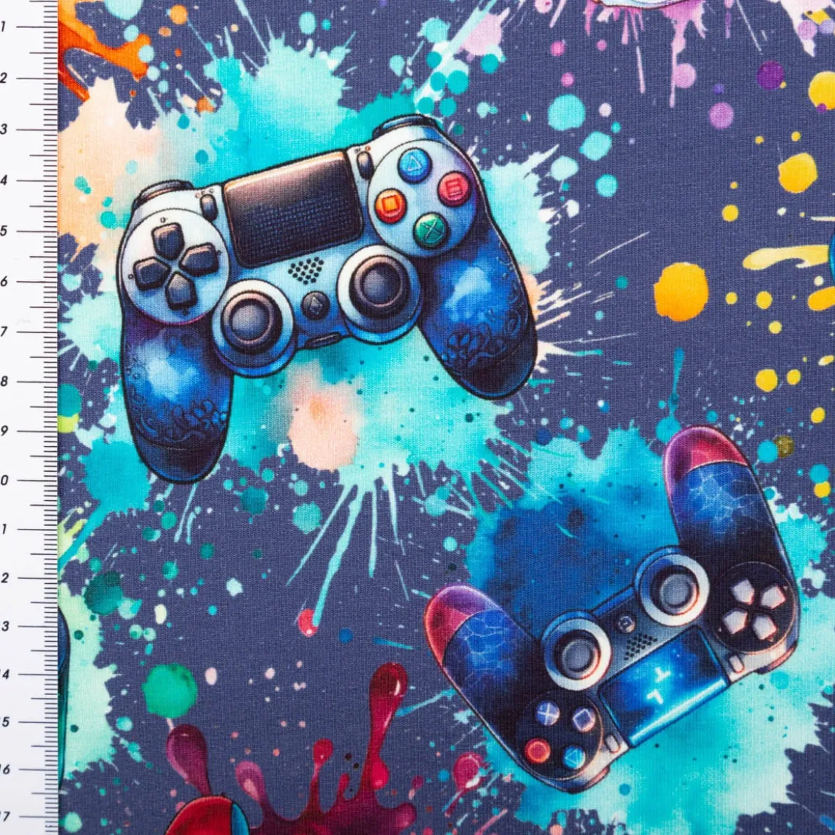 French Terry Digitaldruck Controller Gaming Farbspritzer dunkelblau bunt 1,5m Breite