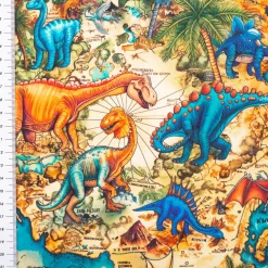 French Terry Digitaldruck Dinosaurier Weltkarte blau orange grün 1,5m Breite