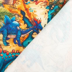 French Terry Digitaldruck Dinosaurier Weltkarte blau orange grün 1,5m Breite