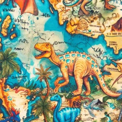 French Terry Digitaldruck Dinosaurier Weltkarte blau orange grün 1,5m Breite