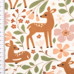 French Terry Krepp Stoff Baumwolle Rehe Blumen wollweiß bunt 155cm