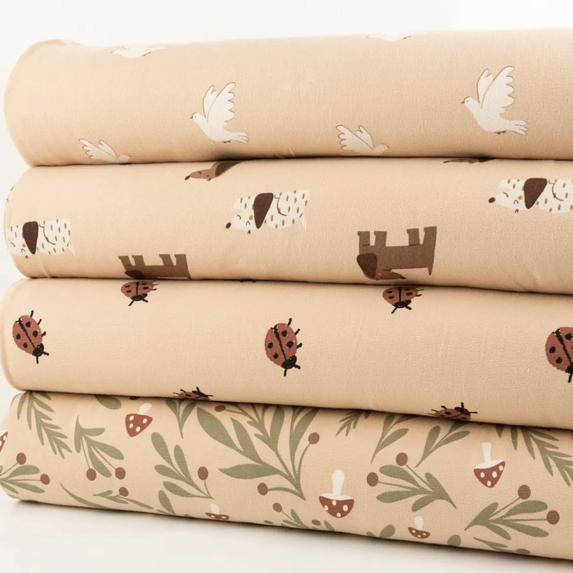 French Terry Krepp Stoff Baumwolle Tauben beige weiß 155cm