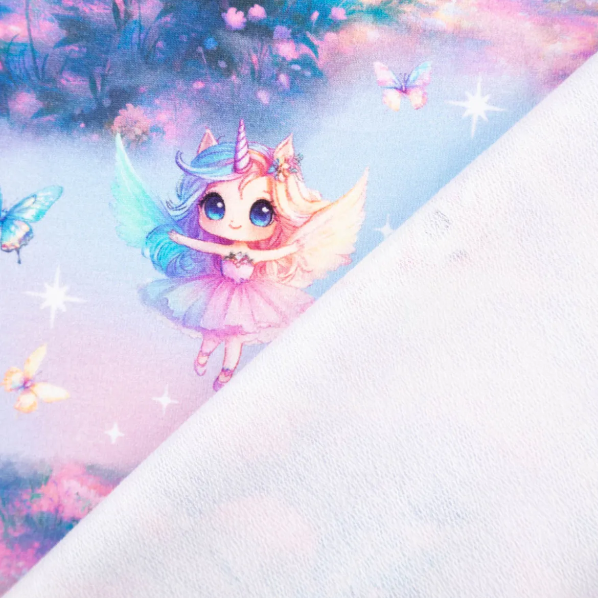 French Terry Sommersweat Fairies Digitaldruck rosa blau 1,45m Breite