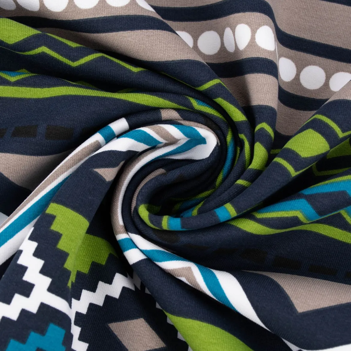 French Terry Sommersweat Meterware Ikat Ethno blau grün 1,45m Breite
