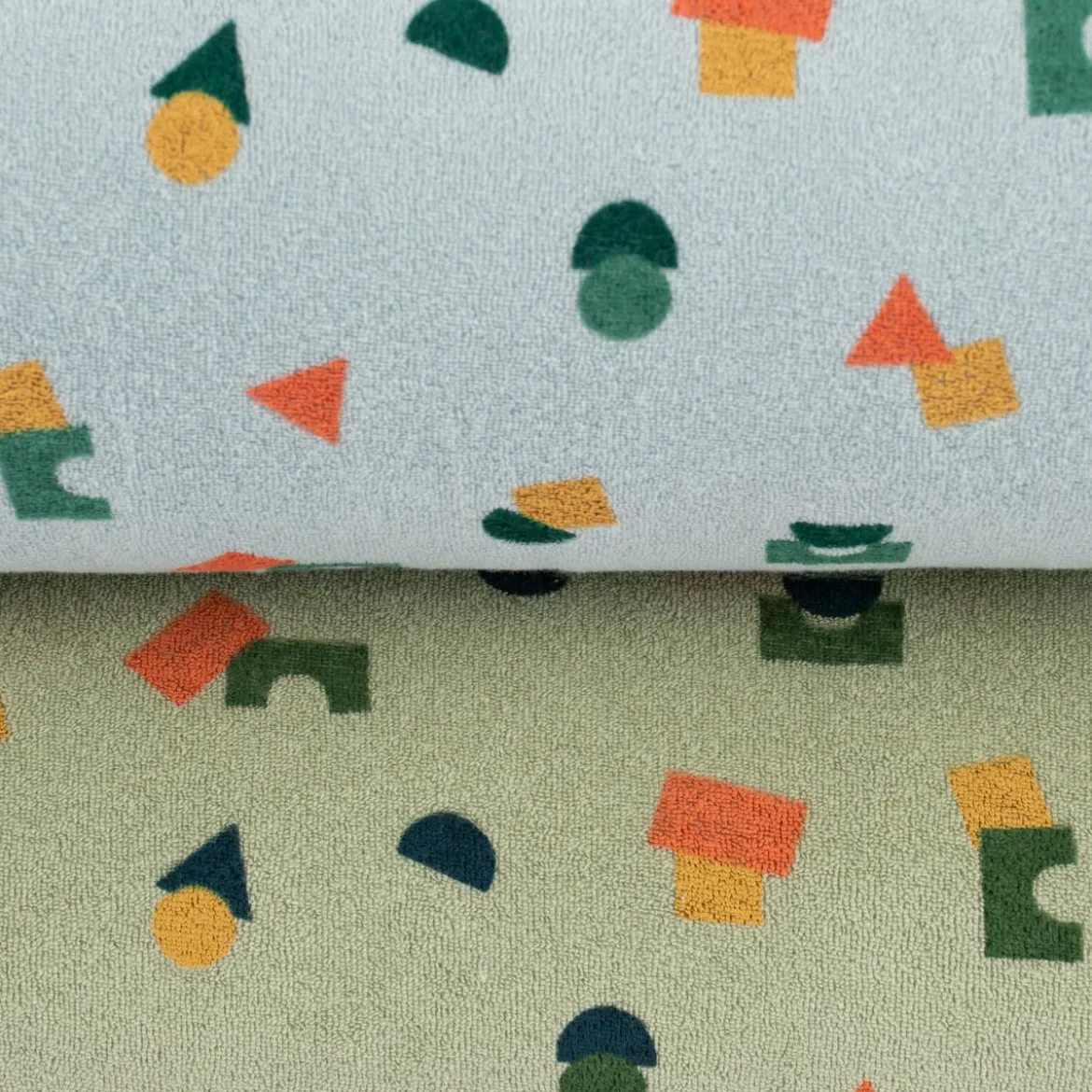 Frotteestoff Stretch Frottee Geometrie Bauklötze grün orange blau ocker 1,5m Breite