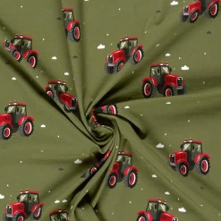 Fräulein von Julie Jersey Stoff Baumwolljersey Traktor Digitaldruck grün rot 1,50m Breite
