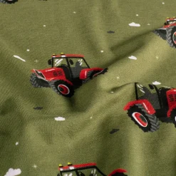 Fräulein von Julie Jersey Stoff Baumwolljersey Traktor Digitaldruck grün rot 1,50m Breite