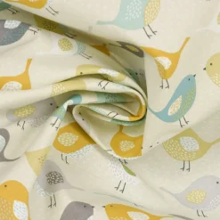 Fryett`s Englischer Dekostoff Baumwollstoff Halbpanama Birds Vögel beige grau mint senf 138cm Breite