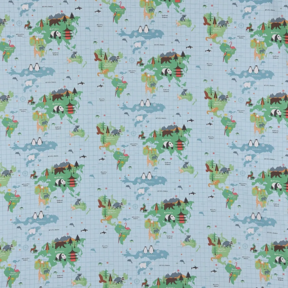 Fryett`s Englischer Dekostoff Baumwollstoff Halbpanama Kinder Weltkarte Tiere hellblau 138cm Breite