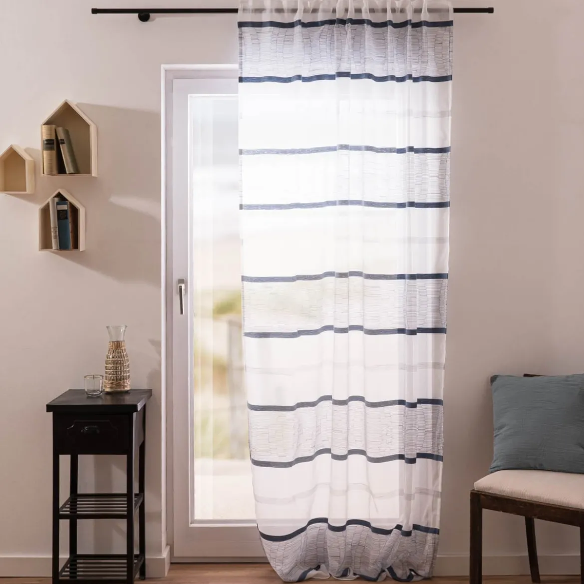Gardine Emiliana verdeckte Schlaufen Scherli Streifen weiß blau 144x245cm (BxH)