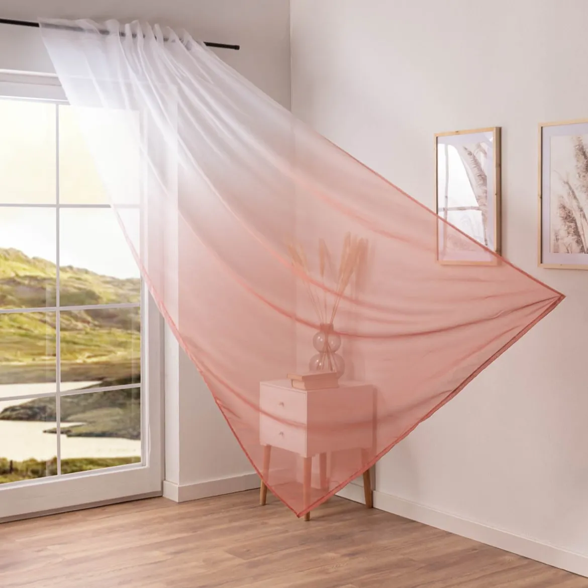Gardine Mila transparent Farbverlauf weiß peach 140cmx255cm