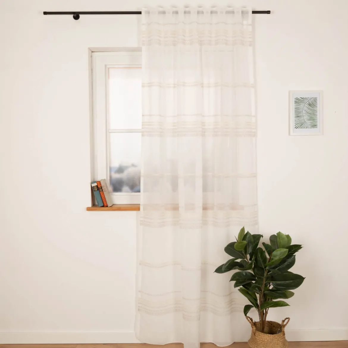 Gardine mit Schlaufenband Voile Bouclé-Streifen Wollweiß Natur 140x245cm