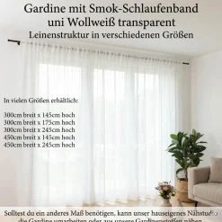 Gardine mit Smok-Schlaufenband uni Wollweiß transparent Leinenstruktur in verschiedenen Größen