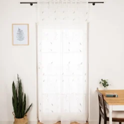 Gardine mit Smok-Schlaufenband Voile Stickerei Blätter weiß grün 2,45m Höhe und div. Breiten von SCHÖNER LEBEN.