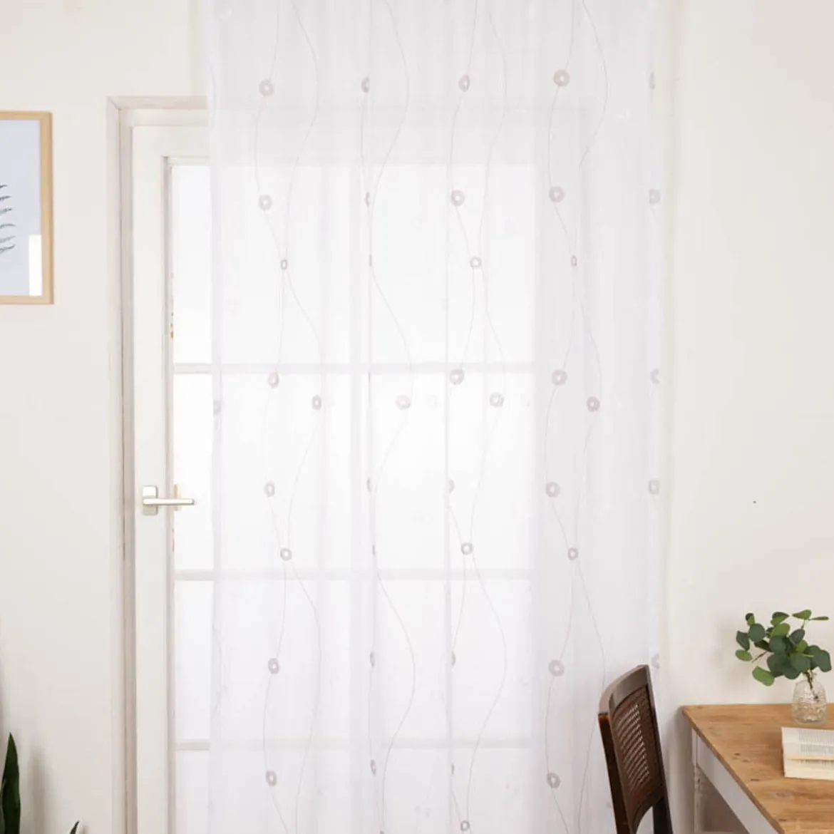 Gardine mit Smok-Schlaufenband Voile Stickerei Kreise Linien weiß grau 2,45m Höhe und div. Breiten von SCHÖNER LEBEN.