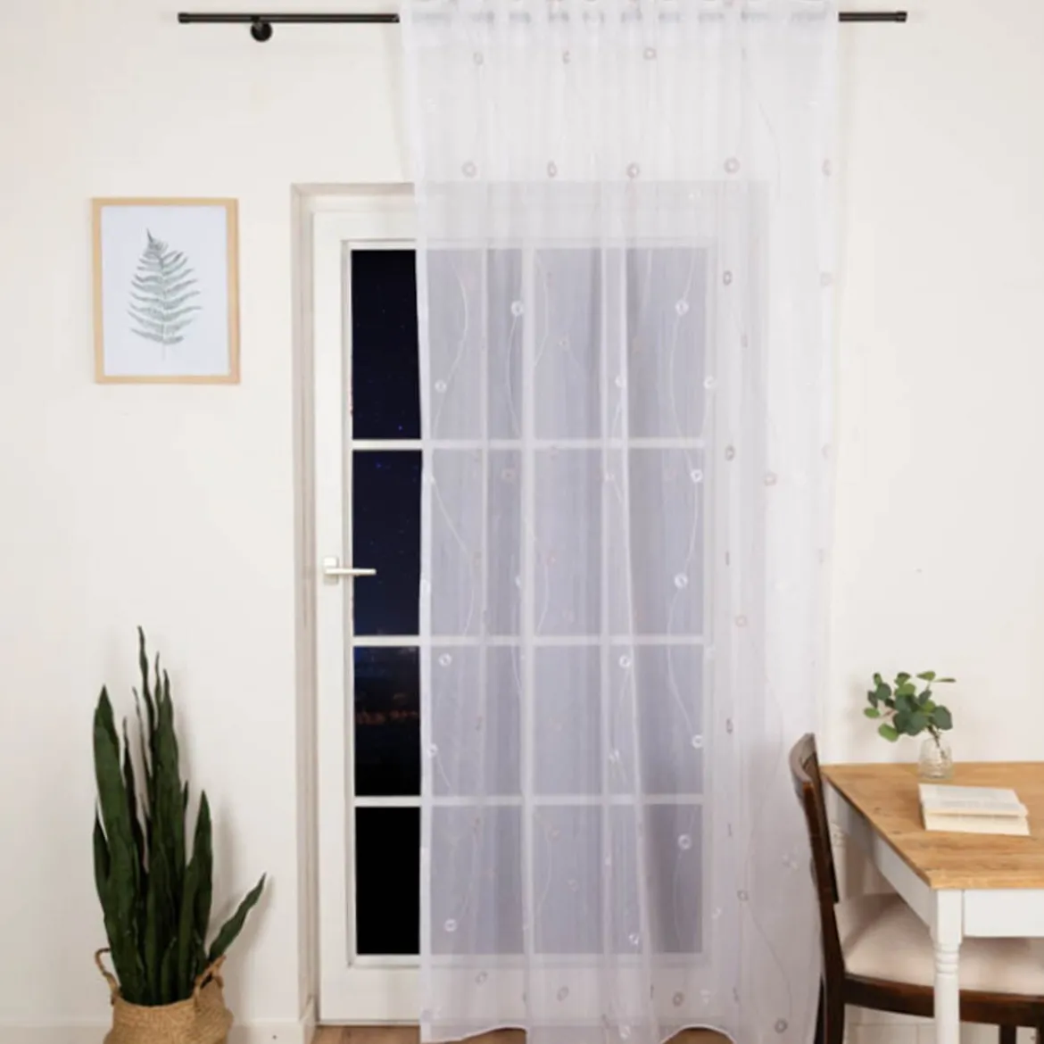 Gardine mit Smok-Schlaufenband Voile Stickerei Kreise Linien weiß grau 2,45m Höhe und div. Breiten von SCHÖNER LEBEN.