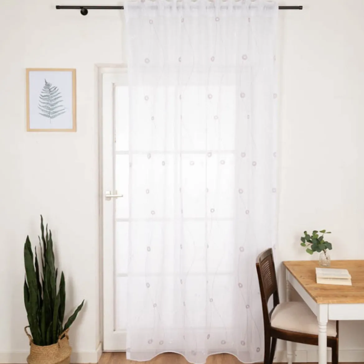 Gardine mit Smok-Schlaufenband Voile Stickerei Kreise Linien weiß grau 2,45m Höhe und div. Breiten von SCHÖNER LEBEN.