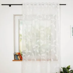 Gardinenstoff Ausbrenner CrissCross Leinenstruktur Blätterranken offwhite mit Bleiband 290cm Höhe