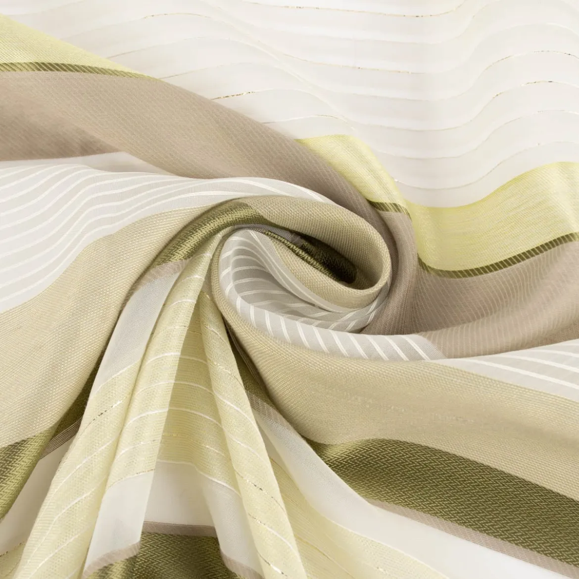 Gardinenstoff Dekostoff halbtransparent Streifen mit goldfarbigen Effekten grün taupe creme 1,50m Breite