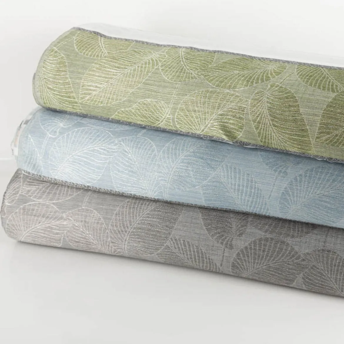 Gardinenstoff Dekostoff halbtransparent Jacquard-Streifen Blätter hellblau 1,50m Breite