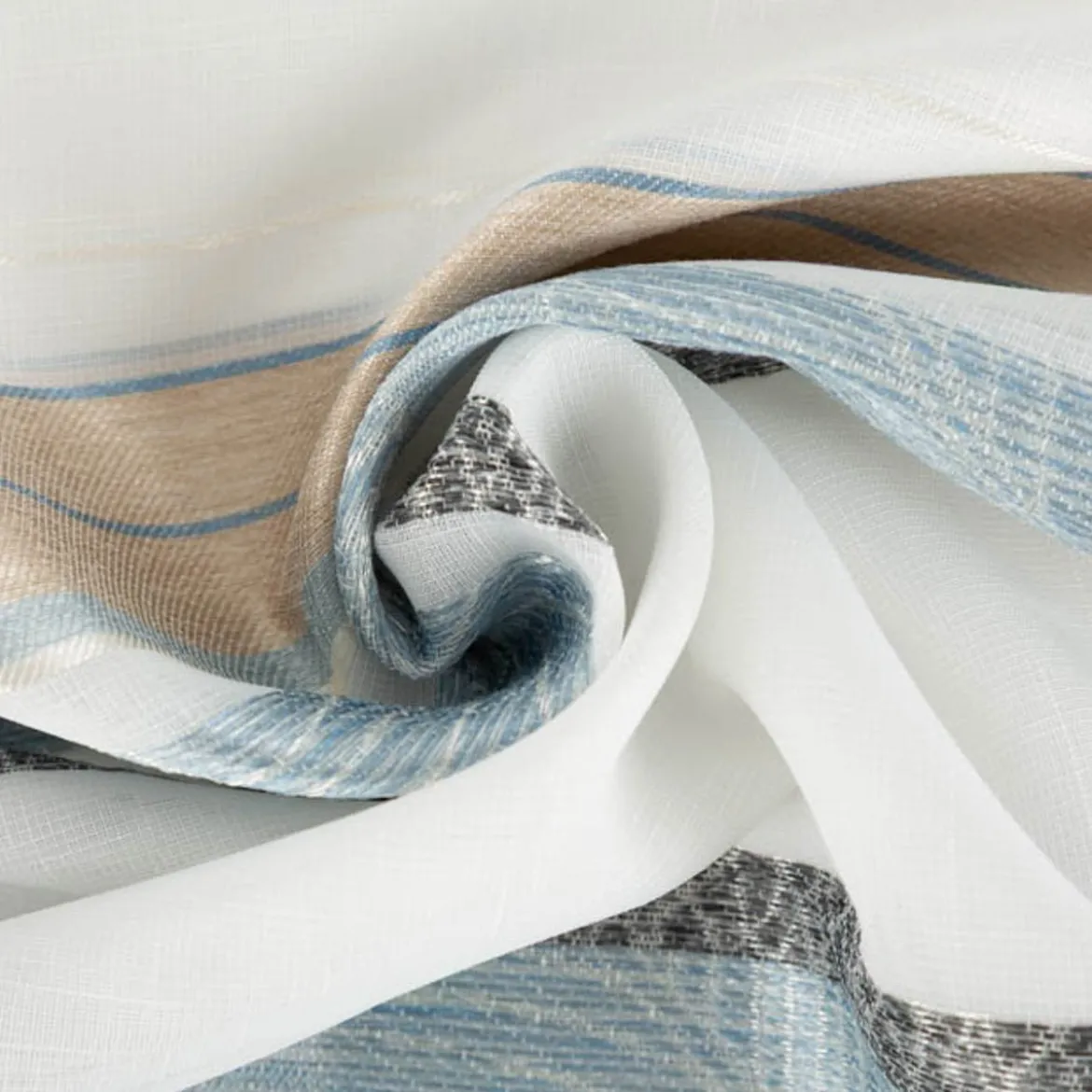 Gardinenstoff Dekostoff halbtransparent Jacquard-Streifen Blätter hellblau 1,50m Breite