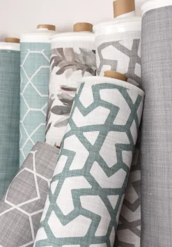 Gardinenstoff Dekostoff Jacquard Digitaldruck Linien Grafik beige blau 1,4m Breite