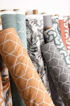 Gardinenstoff Dekostoff Jacquard Digitaldruck Geometrie Sechseck gelb beige 1,4m Breite