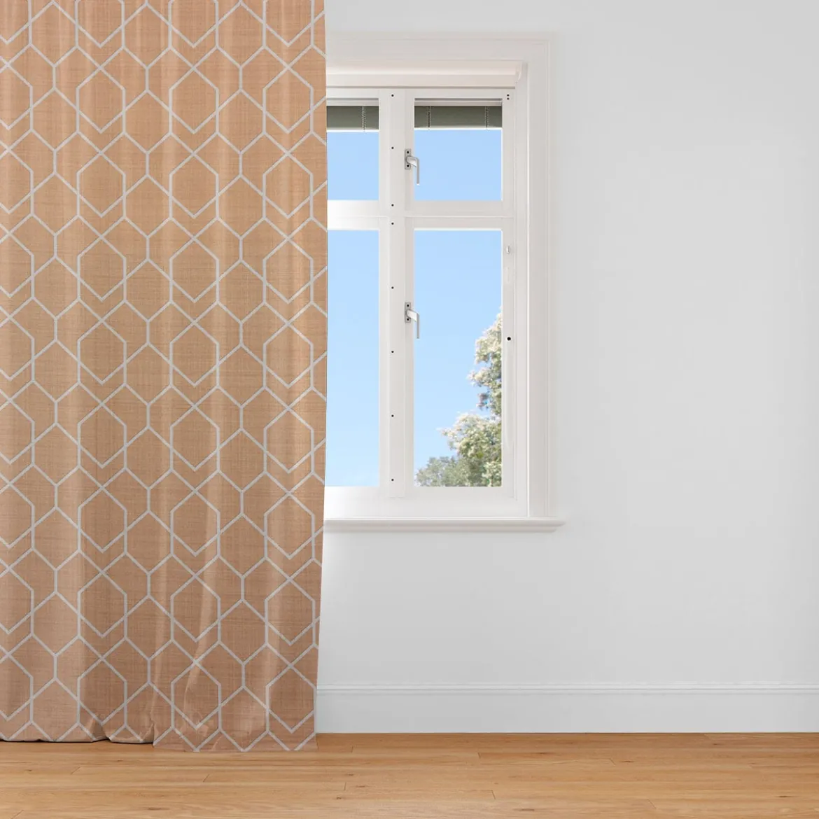 Gardinenstoff Dekostoff Jacquard Digitaldruck Geometrie Sechseck gelb beige 1,4m Breite