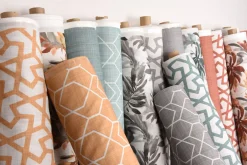 Gardinenstoff Dekostoff Jacquard Digitaldruck Geometrie Sechseck gelb beige 1,4m Breite