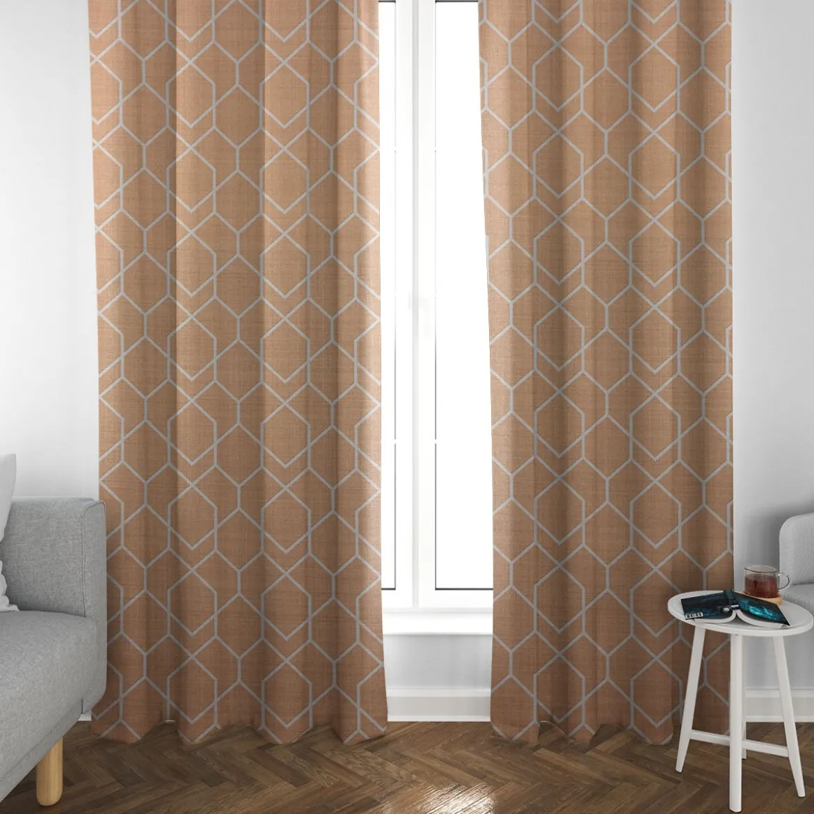 Gardinenstoff Dekostoff Jacquard Digitaldruck Geometrie Sechseck gelb beige 1,4m Breite