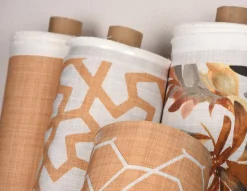 Gardinenstoff Dekostoff Jacquard Digitaldruck Geometrie Sechseck gelb beige 1,4m Breite