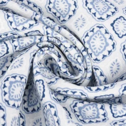 Gardinenstoff Dekostoff Landhausstoff Ornamente weiß blau 1,60m Breite