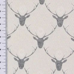 Gardinenstoff Dekostoff Landhausstoff Reliefstruktur Hirschköpfe beige grau 1,60m Breite