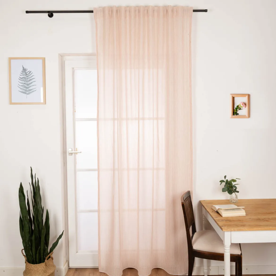 Gardinenstoff Meterware mit Bleiband und Bouclé Streifen rosa 3m Höhe