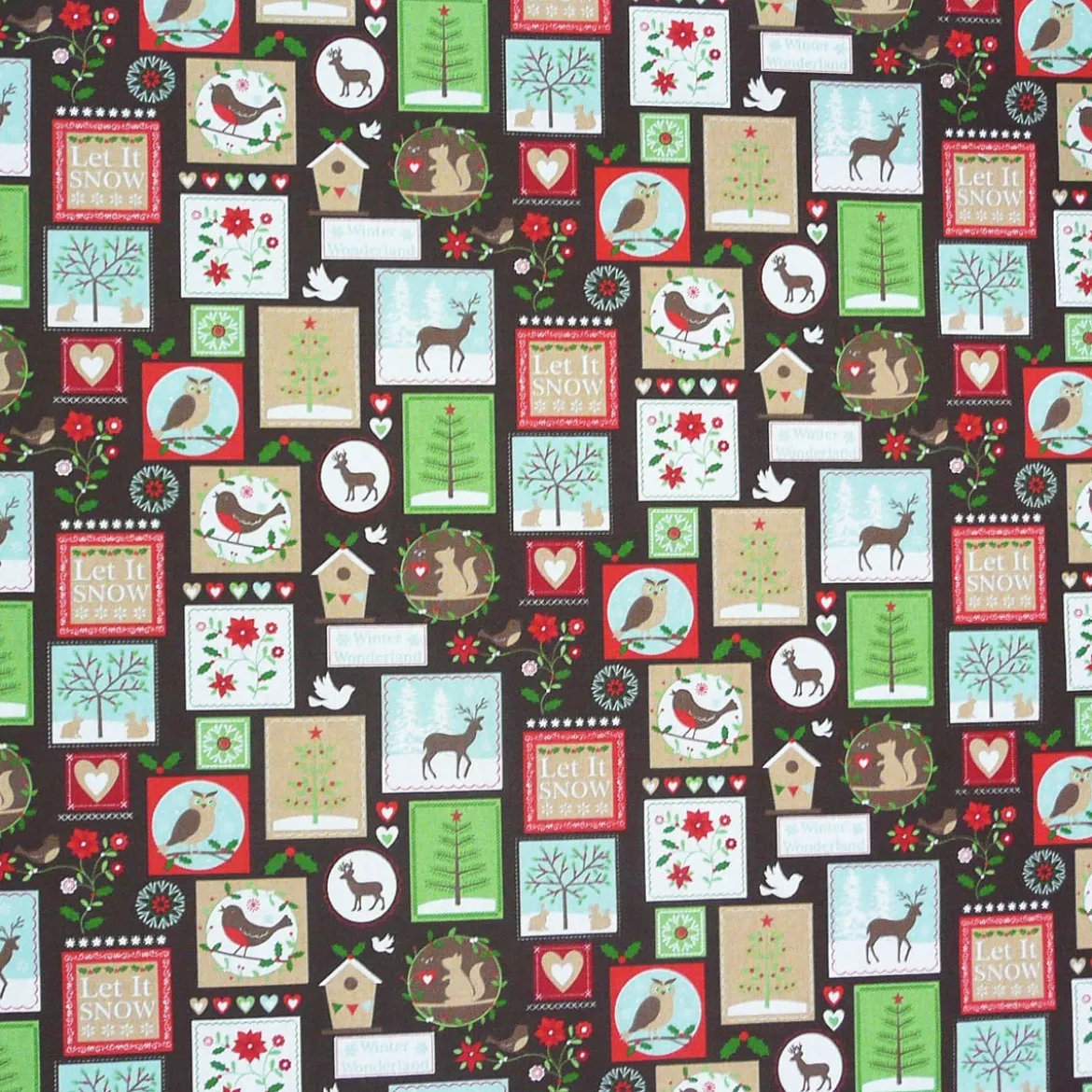 Gardinenstoff Stoff Dekostoff Meterware Tiere Patchwork Weihnachten braun