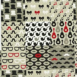 Gardinenstoff Stoff Dekostoff Meterware Patchwork Moustache Brille Noten Pfeife Gitarre