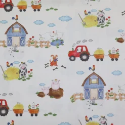 Gardinenstoff Stoff Dekostoff Kinderstoff HOFGAUDI Bauernhof Traktor Tiere creme bunt 1,60m Breite
