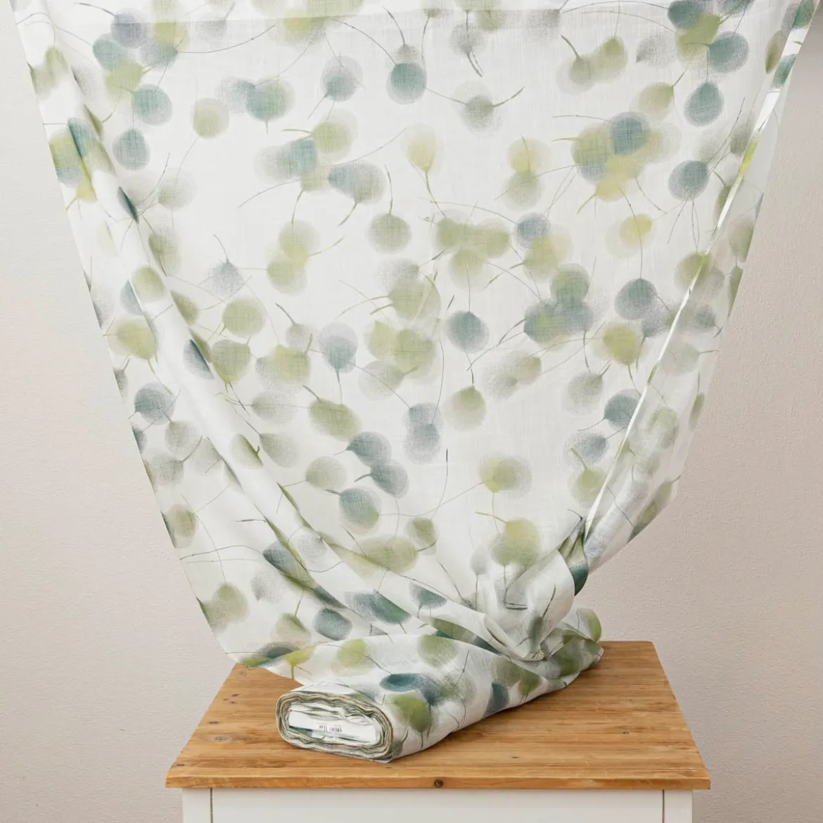 Gardinenstoff Voile Leinenstruktur Blätter weiß grün 150cm Breite