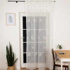 Gardinenstoff Voile Stickerei Blätter weiß grün 280cm Breite