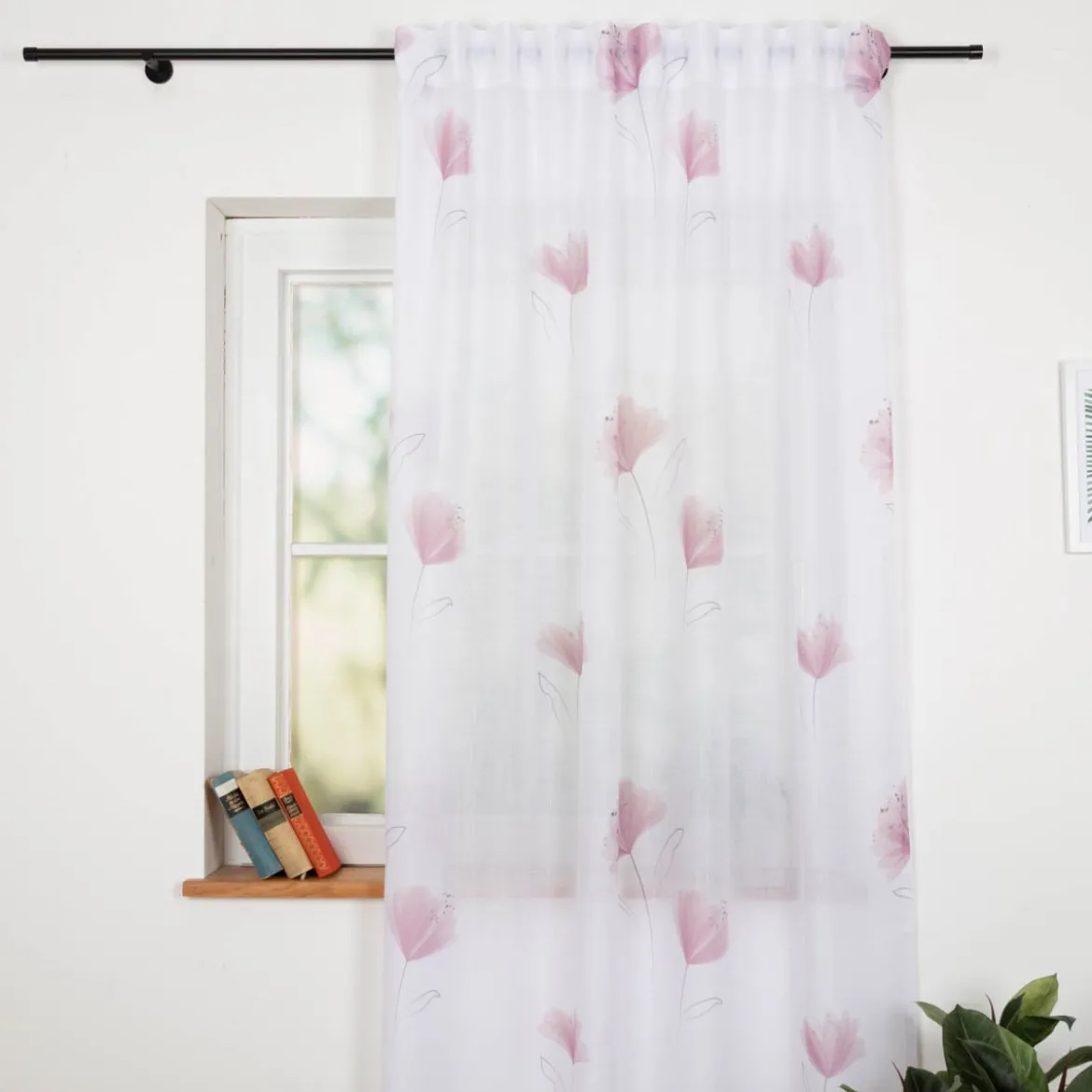 Gardine Vorhang Blumen wollweiß mauve transparent mit Smok-Schlaufenband in 245cm oder Wunschlänge von SCHÖNER LEBEN.