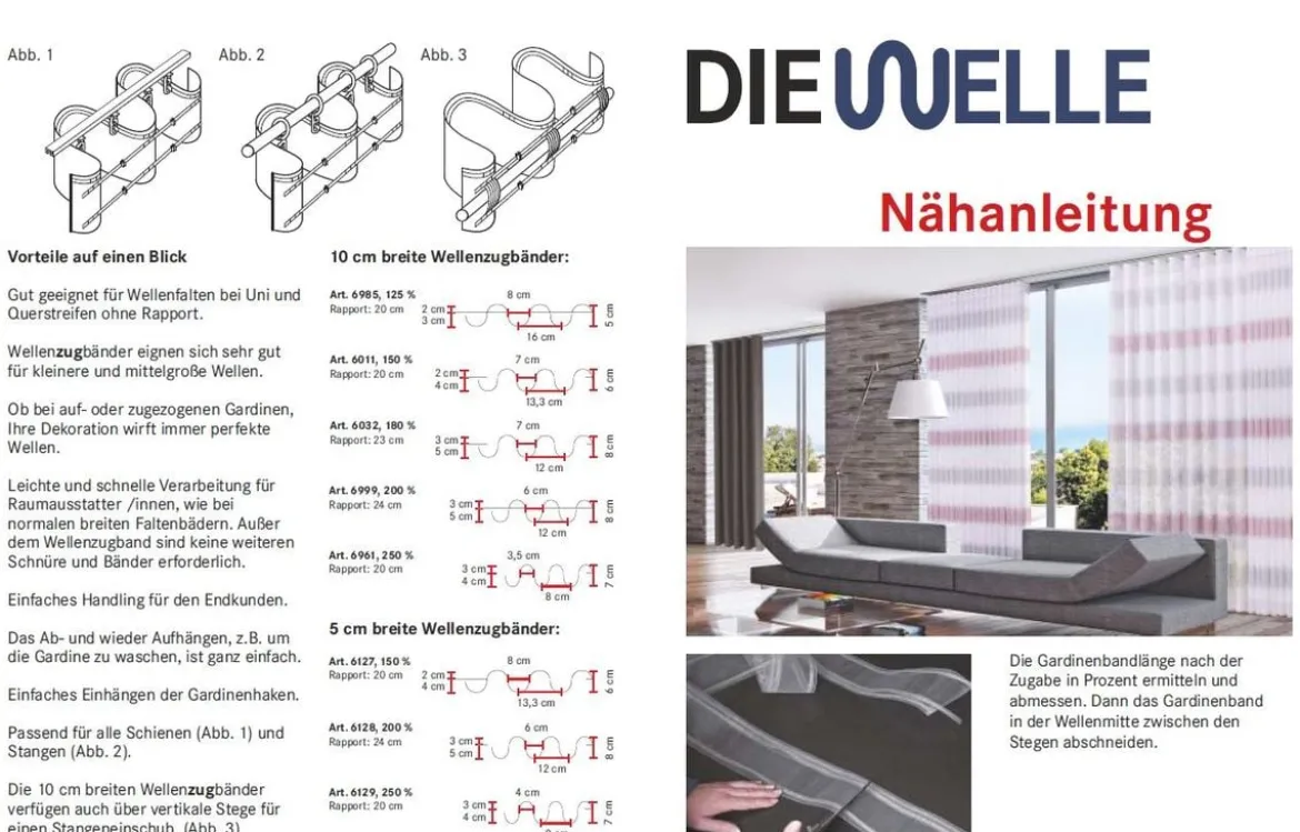 Gerster Gardinenband Wellenband mit Steg Schlaufenband volltransparent mit Zugverhältnis 1:1,5 in 100mm breit