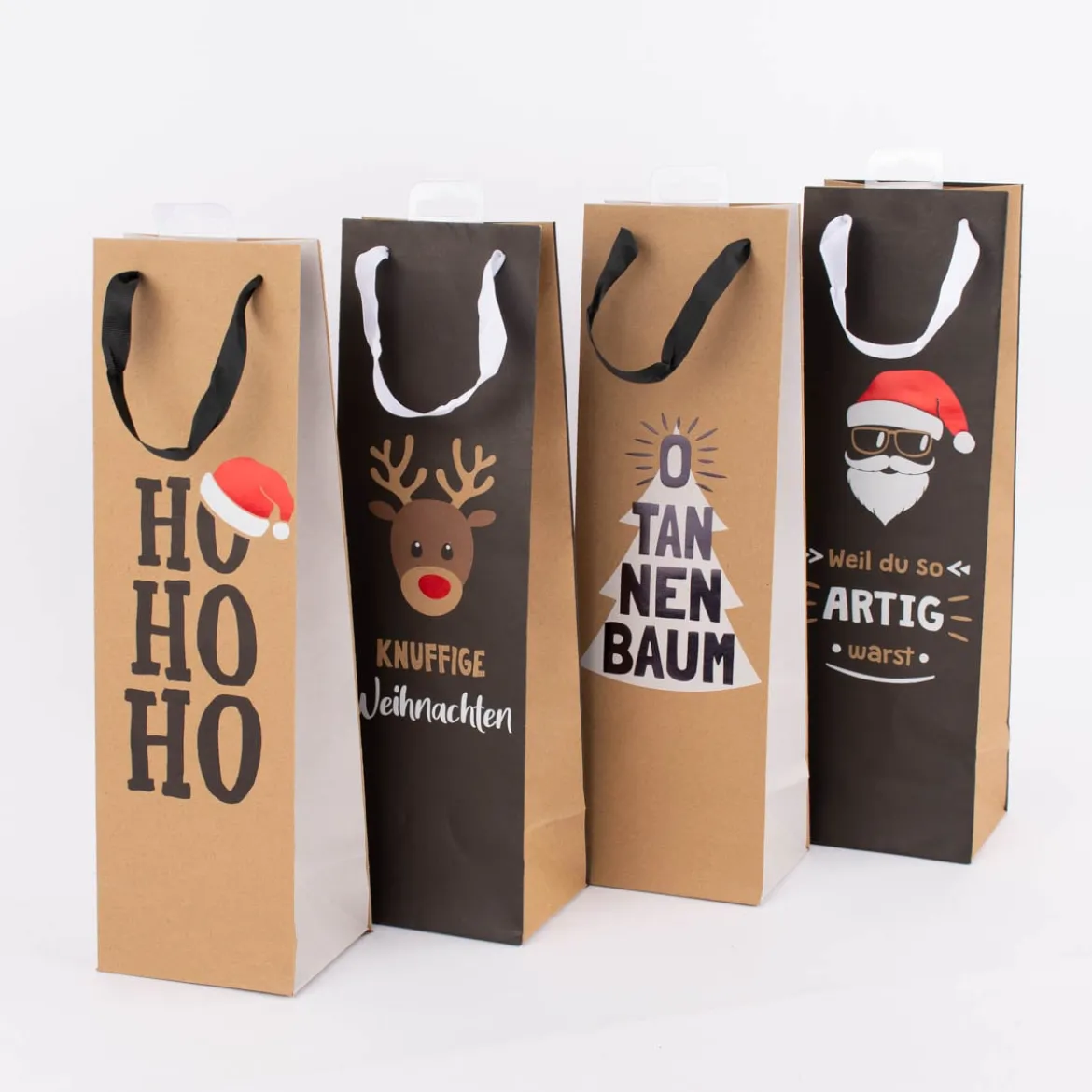 Geschenktasche Flaschentasche Coole Weihnachten natur schwarz 12x40x10cm verschiedene Motive