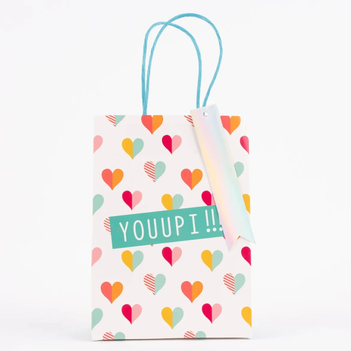 Geschenktüte bedruckt mit einfarbigem Henkel versch. Motive weiß bunt 15x8x21cm