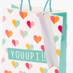 Geschenktüte bedruckt mit einfarbigem Henkel versch. Motive weiß bunt 15x8x21cm