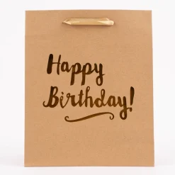 Geschenktüte Happy Birthday! Kraftpapier Größe M braun goldfarbig 20x24x11cm
