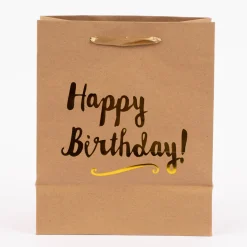 Geschenktüte Happy Birthday! Kraftpapier Größe M braun goldfarbig 20x24x11cm
