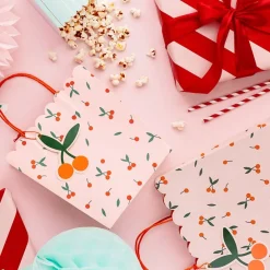 Geschenktüte mittel Kirschen Papier mit gewelltem Rand rosa rot orange 18x23x8cm